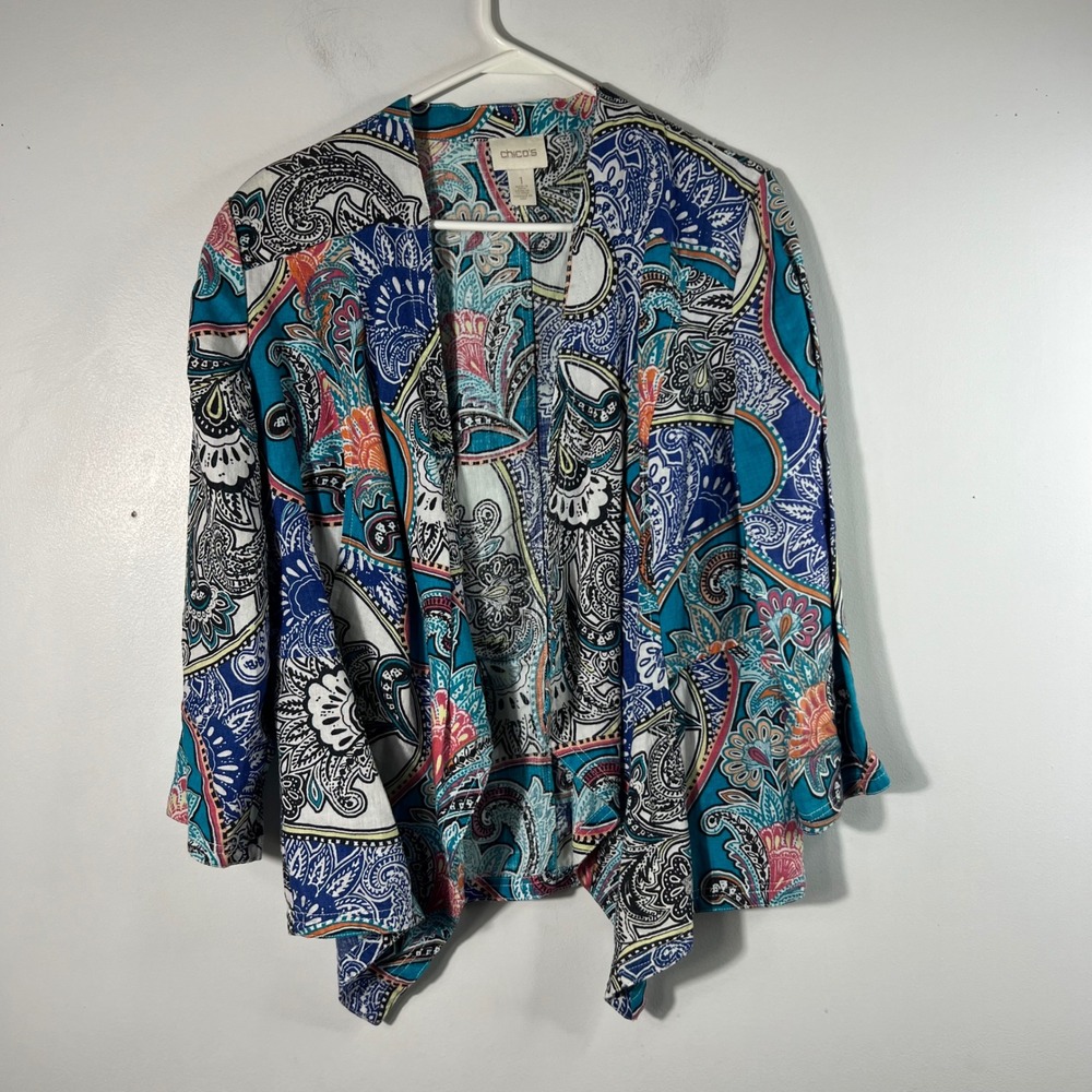 Chicos 100%‎ Linen Paisley Open Front Cardigan Jacket Blue Orange Size 1 M